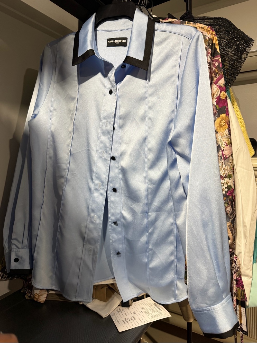 Karl Lagerfeld Light Blue Satin Dress Shirt with Black Collar